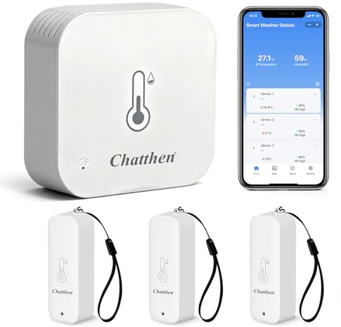 Chatthen Thermomètre Connecté, WiFi Hygrometre Interieur Thermomètre Extérieur, Portée de 150m, Exportation de Données et étalonnage Gratuits, 3 Capteurs et 1 Station de Base, Compatibles Avec Alexa