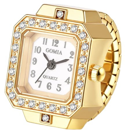 JewelryWe Fingeruhr Quadratische Elastische Ringuh Glitzer Strass Analog Quarz Fingerringuhr Damen Herren Dehnbarer Metallband Ring Uhr Uhrenring mit Rechteckigem Gehäuse