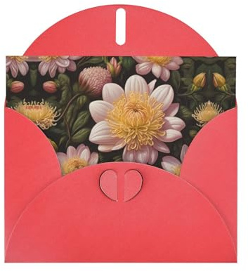 Tarjeta de felicitación roja con sobres, tarjetas en blanco con estampado de crisantemo rosa para cumpleaños, boda, aliento, ocasiones bendecidas