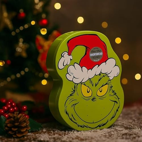 Christmas Character Biscuit Tin with 150g Chocolate Chip Shortbread – Festive Green Collectible Tin – Stocking Filler & Seasonal Treat