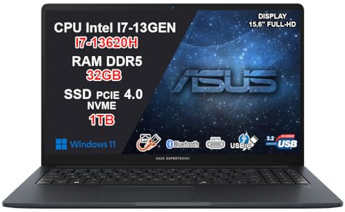 ASUS ExpertBook B1 Business, Intel i7-13620H, 32GB DDR5, SSD 1TB NVMe PCIe 4.0, 15,6 FHD IPS 300nits Anti-Glare, Tastiera Retroilluminata, Fingerprint, Wi-Fi 6, LAN, Win 11 Pro, Garanzia 2 anni P&R
