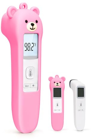 Cute Bear Silicone Thermometer Case Compatible with GoodBaby No-Touch Thermometer, Soft Anti-Drop Protective Cartoon Animal Cover Helps Calm Babies During Temperature Checks - Pink