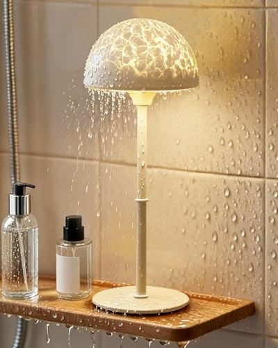 Waterproof Shower Lamp,Bathroom Lamp with 7 Color Ocean Wave Projector & 3 Color Stepless Dimming Light,Rechargeable Cordless Shower Lamp with Touch & Remote Control,Waterproof Lamp for Shower Bath