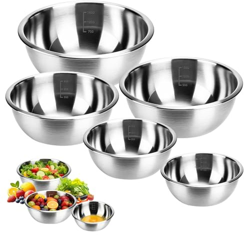 Ytwehela Lot de 5 Cul de Poule Inox, Saladiers en Acier Inoxydable, Bol Inox Cuisine Bowl de Mélange 5 Saladiers de Tailles Différentes 0.6 l, 0.9 l, 1.6 l, 2 l, 2.6 l