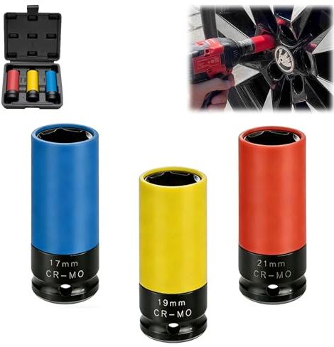 AEMCHDM 3PCS Vasos de Impacto 1/2, 17/19/21 mm Juego de Llaves de Vaso de Impacto de Cromo Vanadio, con Protector de Plástico, Codificado por Colores Dados de Impacto para Muebles, Auto Reparación