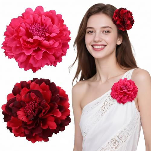 2 stycken blommor hårklämma & nålblommor (11 cm), hårsmycken blommor för kvinnor och flickor, vinröd & rosenröd, elegant hårtillbehör för bröllop, fest & boho-look, med klämma och brosch