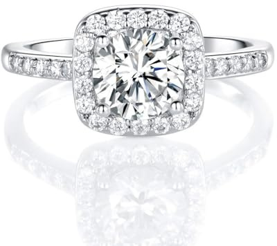 MDFUN 18K White Gold Plated Cubic Zirconia Promise Halo Engagement Promise Eternity Ring for Women (rhodium-plated-brass, 7)