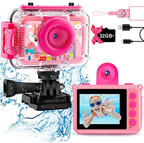 GKTZ Appareil Photo Enfant Étanche Caméra Vidéo d'action sous-Marine Enfants Appareil Photo Selfie Numérique avec Jeux 3-12 Ans Filles Cadeaux de Noël avec Écran 2 Pouces, Carte TF 32 Go-Rose