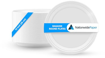 Nationwide Paper 10 Inch Biodegradable Bagasse Round Paper Plates, Strong White Party Plates, 100% Biodegradable Disposable Plates (50 Pcs)