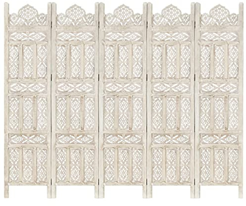 5 teiliger Faltbarer Sichtschutz Raumteiler Trennwand Raumtrenner aus Holz mit Handgeschnitzten Mustern Home Office Deko, Weiß 200x165cm Mango Massivholz