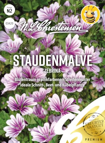 Stauden-Malve Zebrina Samen | Schnitt-, Beet- und Kübelpflanze, pinke Blütenstreifen