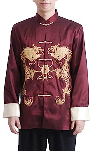 Chinese New Year Men Traditional Tang Jacket Kung Fu Wing Chun Uniform Wedding Party Long Sleeve Top Coat, 49# Wine Red, L