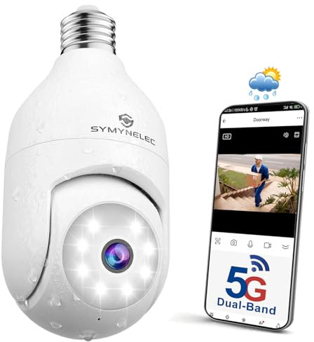 SYMYNELEC 5GHz/2.4GHz Telecamera Lampadina WiFi Esterno, 2K 4MP Videocamera Sorveglianza Senza Fili con Allarme Sonoro e Luminoso, Visione Notturna a Colori, Audio Bidirezionale Compatibile con Alexa