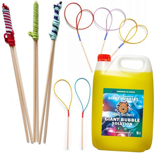 Bubble Brothers Riesenseifenblasen Set 3 Seifenblasenstäbe und 5L Seifenblasenflüssigkeit Seifenblasen Set für Kinder Seifenblasen Flüssigkeit und Riesenseifenblasen Stäbe (5L + 8 Seifenblasenstäbe)