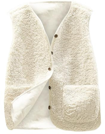 Yutdeng Chaleco Mujer Invierno Otoño Con Bolsillos, Sin Mangas, Elegante Chaqueta Polar Cálida Con Botones, Abrigo Corto de Forro Polar, Beige, L