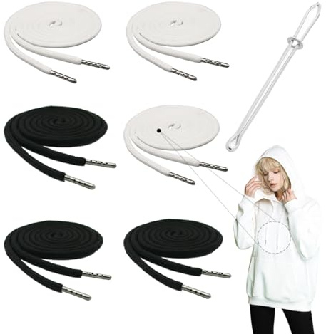 COYUN Kordel für Jogginghose Kordel für Hoodie, 4 Stück Kordel für Hosenbund mit 1 Stück Einfädler, Hoodie Polyester Band Universal 130 cm Kordelenden Metall Ersatz-Saiten.(schwarz, weiß)