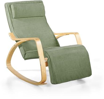 Brigros WeHome - Sedia A Dondolo Swing Amor Con Braccioli In Legno, Rocking Chair, Poltrona A Dondolo Con Poggiapiedi Regolabile, Poltrona Salotto, Poltrona Camera Da Letto (Tessuto, Verde)