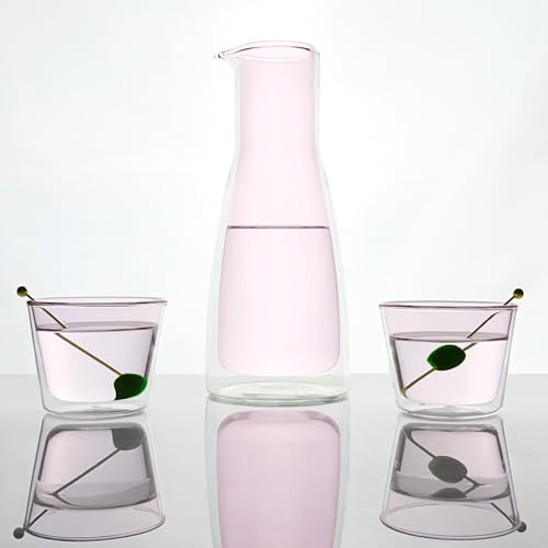 Cloudnola Double Wall Insulated Carafe and Glasses Set, Pink, 34oz Carafe and Two 9.5oz Glasses, For Both Hot and Cold Beverages, Mouthblown Borosilicate Glass Gift Set