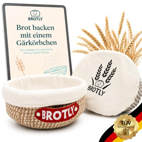 BROTLY - Gärkörbchen Set – Baumwolle rund & oval, lebensmittelecht TÜV geprüft, inkl. gratis Rezept E-Book, Banneton Brotform für Sauerteig, Hefeteig & glutenfreie Brote