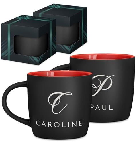 Maverton 2x Tasse Personnalisable, Set 2x Mug personnalisé | Cadeau Personnalisé Anniversaire Mariage, Couple Couple Saint Valentin, Tasse a cafe rouge avec prénom, prénoms