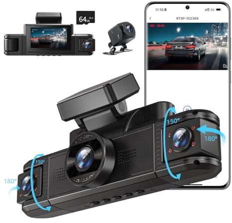 Adelagnes 4 Kanal Dashcam Auto Vorne Hinten 2K+1080P mit WiFi,Dash Cam Auto Kamera 3 IPS Bildschirm,Kostenlose 64 GB Karte,Nachtsicht,G Sensor,Loop-Aufnahme,APP Steuerung,170°Weitwinkel WDR