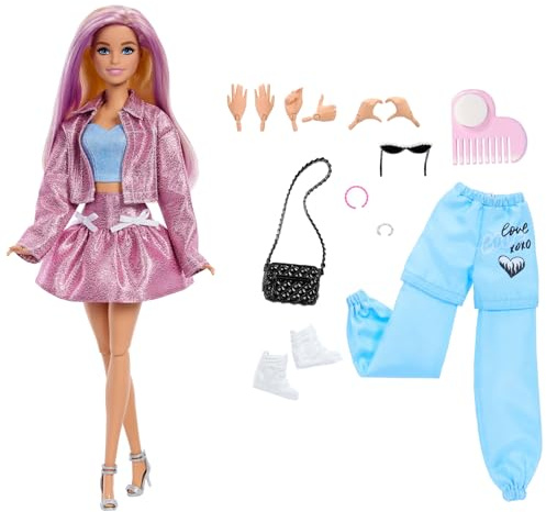 Barbie Deluxe Style-docka med metallicrosa Barbiecore-kjol och jacka | 4 outfits, 4 accessoarer, 4 utbytbara händer, 2 skor och färgskiftande hår, JNC61