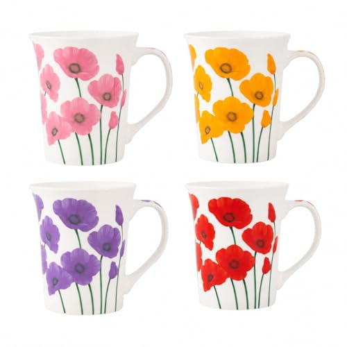 Mad About Mugs Set of 4 Floral Mug 12oz New Bone China Tea Coffee Cup Assorted Lavender Designs Red Yellow Purple Pink Durable Lightweight Microwave and Dishwasher Safe for Home Office Everyday Use