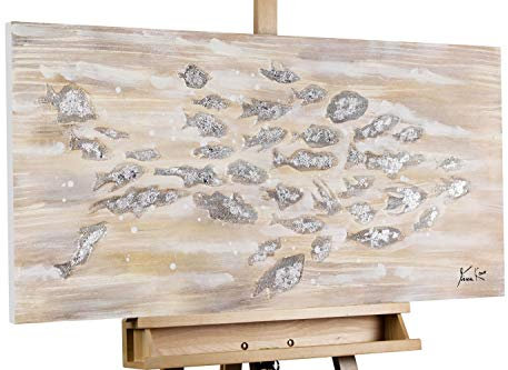 KunstLoft Leinwandbild | 100% HANDGEMALT | 100x50cm | Gemälde 'Alle für einen' | Fische & Meerestiere | Beige | Wandbild Wohnzimmer