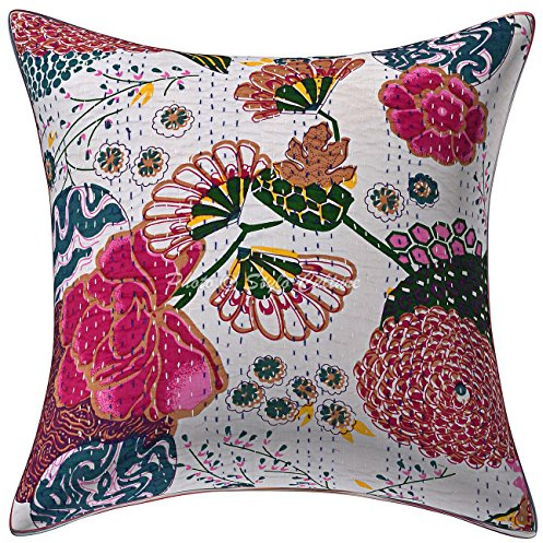 Stylo Culture Ethnico Funda Almohadon Decorativos 60x60 cm Algodón Tropicana Fundas para Almohadones Sofa Blanco 24x24 Inch Kantha Impreso Cuadrado sobre Fundas De Almohadones para Cama - 1 Pc