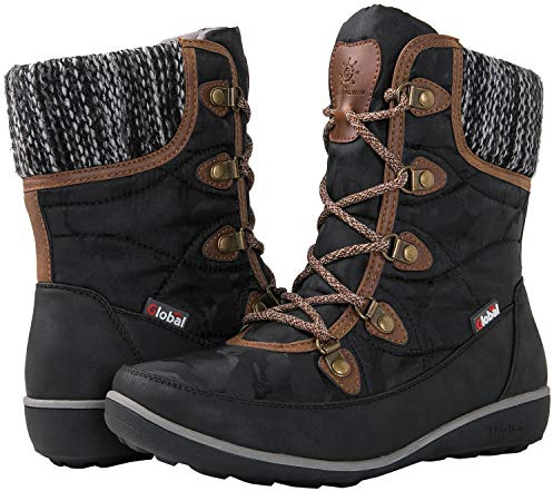 GLOBALWIN Women's Snow Boots Comfortable Black/Brown Boots For Women Waterproof Mid-Calf Winter Boots For Women With Fleece Lining And Non Slip Outdoor Sole Size 8.5M