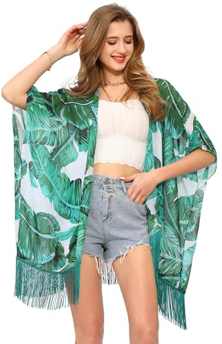 Women's Floral Kimono Cover Up - Lightweight Leopard Chiffon Beachwear for Bikini,Cardigan and Swimwear (Green Leaf)