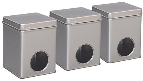 tea4chill 3 Stk Teedosen für losen Tee 100g, Gewürzdosen, Silver Window, Metall, eckig mit Scharnierdeckel und Sichtfenster, 75 x 75 x 95mm (LxBxH)