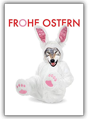 16 Osterkarten (16er Set): Schräge Osterkarte mit dem Wolf im Osterhasen Pelz: Frohe Ostern • Klappkarten im Set mit Umschlägen als Oster Grußkarten, Gutschein, Geschenk-karten