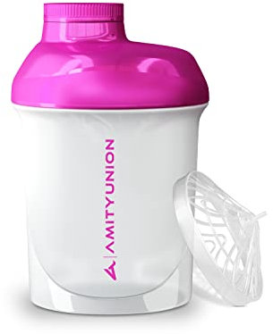 Frauen Protein Shaker 400ml Deluxe auslaufsicher, Europa, 100% BPA frei mit Sieb & Skala für Cremige Whey Shakes, Gym Fitness Becher für Isolate, Sport Getränke, Original Eiweiß Shaker in Weiß Pink