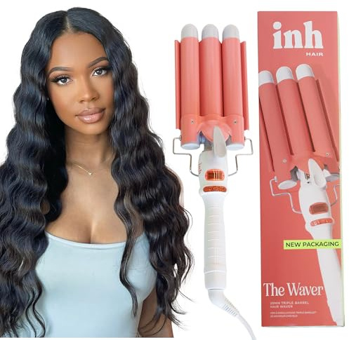 INH Hair Waver 3 Barrel | Ceramic Curling Iron for Beach Waves | Wavy Hair Curler for Fine, Thin, Thick, Long & Short Hair | Dual Voltage Deep Waver w/LED Screen & 360º Swivel Cord for Easy Styling
