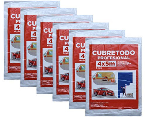 Plástico Cubretodo Protector Multiuso para tapar Suelos, muebles, puertas, ventana Interior y Exterior (4x5 m, 6 Micras básico 6 piezas)