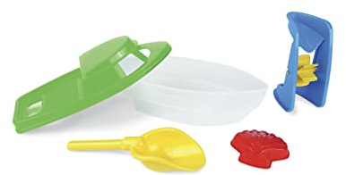 Wader 71920 - Sandspielzeug Set Boot 2-Fach Sortiert, 5-teilig, bestehend aus Schaufel, Sandform, Boot, Sandmühle oder Motorboot