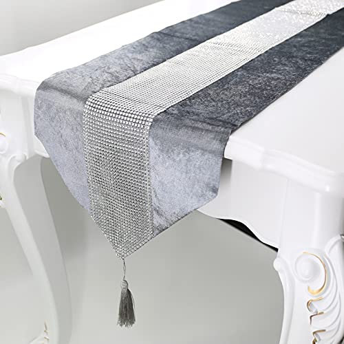 VDYXEW Tischläufer Modern Grau, 33 x180cm, Tischdeko Beflockt Damast Tischflagge für Küchentisch, Kaffeetisch, Familienessen, Kommode,Weinschrank
