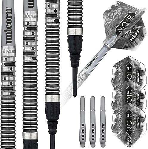 Unicorn Dartpfeil-Set mit Stahlspitze, Gary The Flying Scotsman, Anderson Noir, Phase 3 und 5, 90% Wolfram-Barrels mit schwarzer Titan-Beschichtung, Präsentationsverpackung, 21 g, 22 g, 23 g, 24 g,