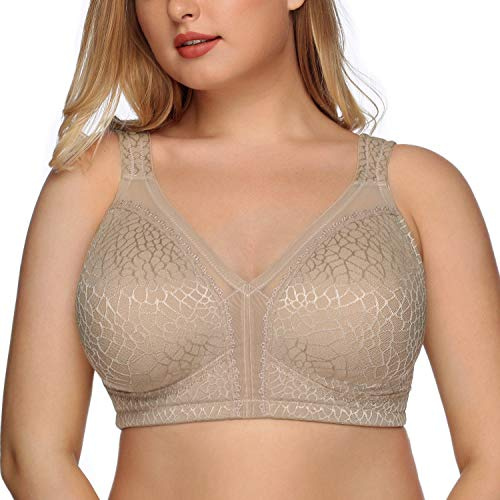 DotVol Reggiseno Base in Pizzo e Taglia Grossa Coppa Completa Non Schiuma Reggiseno Senza Fili Beige 4E