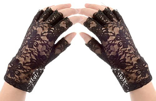 Suxgumoe Fingerlose kurze Spitzenhandschuhe Sunblock Brauthandgelenkshandschuhe Frauen kurze Spitzenblumenhandschuhe für Hochzeitskostümzubehör (Schwarz)