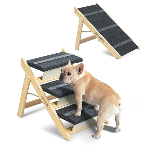 Holz-Haustiertreppe/Haustierstufen für alle Hunde und Katzen – 2-in-1 Faltbare Hundetreppe mit Teppichboden und 3 Ebenen & Rampe für Betten und Autos – tragbare Hunde-/Katzenleiter bis zu 54 kg