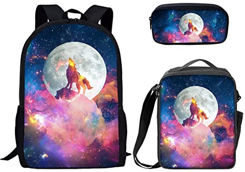 Binienty Modischer Rucksack Teen Jungen Mädchen Schulbuch Tasche mit Lunchbox Stifteetui 3 in 1, Wolf Mond, Einheitsgröße