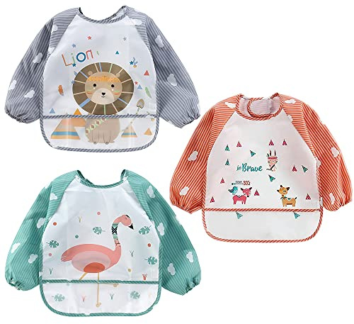 Awinker 3 Pezzi Bavaglino con Manica Lunga Impermeabili con Tasca Raccoglipappa Lavabile Grembiule Bambini 6 a 36 Mesi (Leone+volpe+flamingo)