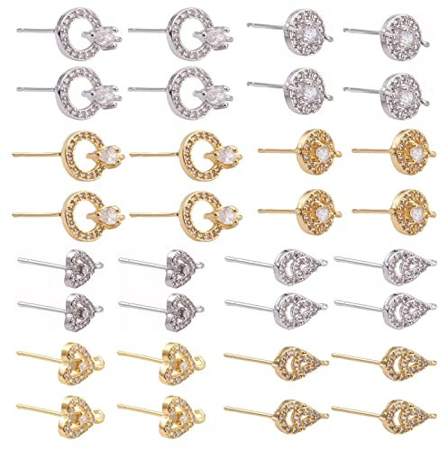 PandaHall 8 Paar Messing Micro Pave Klar Cubic Zirkonia Ohrstecker Erkenntnisse Tropfen Herz Ring Flache Runde Ohrringe Pfosten Platin & Golden Ohrring Zubehör für Frauen Mädchen