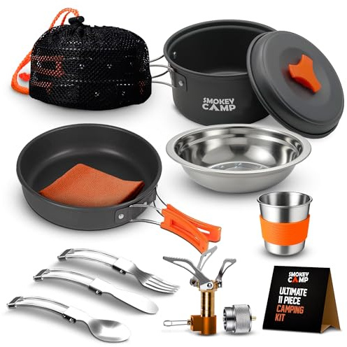 Smokey Camp Set da cucina compatto da campeggio, 11 pezzi, set di pentole da campeggio, antiaderenti, set da cucina per escursionismo, picnic, all'aperto e campeggio