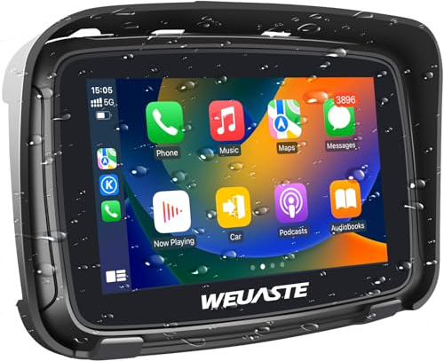 Weuaste Portable 5 Wireless Motorcycle CarPlay Screen with Android Auto GPS Navigation System, Bright Waterproof HD Touch Screen, IP67 Waterproof, Dual Bluetooth, Support Siri and Google Assistant