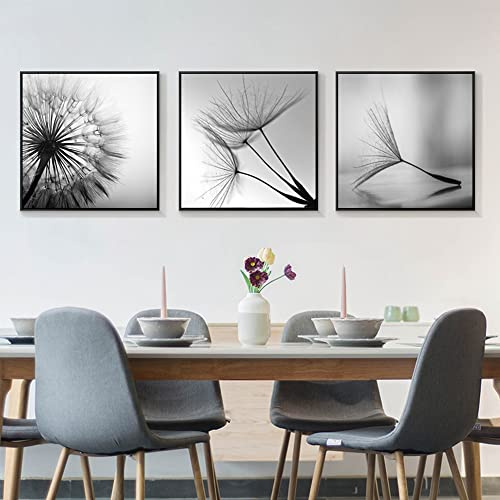 FSLEOVN Schwarz und Weiß Pusteblume Wandbild Print Bilder Druck auf Leinwand Löwenzahn Blume Poster Set 3er Kunstdruck Bild Home Decor Ohne Rahmen (Schwarz Weiß,20x20 cm x 3)