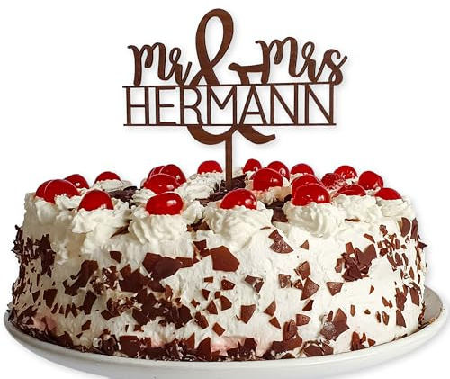 Suzu Papers Cake Topper Hochzeit personalisiert Mr & Mrs aus Holz - Tortenstecker mit Name - Tortentopper Hochzeitstorte Deko (Walnuss)