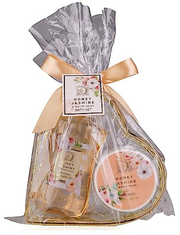 Accentra - set de ducha set de regalo para mujer HONEY JASMINE en una hermosa canasta de alambre - set de cuidado de 2 partes con gel de ducha y crema corporal - set de regalo de bienestar
